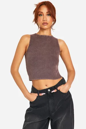 Boohoo Womens Acid Wash Rib Knit Crew Neck Top - Cotton - Size Medium