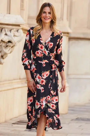 Sosandar Womens Black Print Ruffle Hem Midi Wrap Dress - Size 12 UK