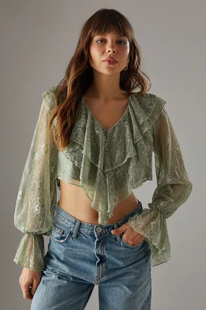 warehouse Womens Lace Double Ruffle Blouson Blouse - - Size 12 UK