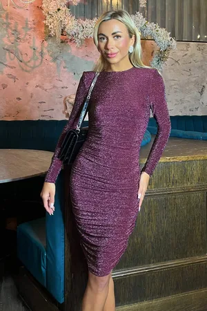 Ax Paris Womens Plum Sparkly Long Sleeve Ruched Midi Bodycon Dress - - Size 8 UK