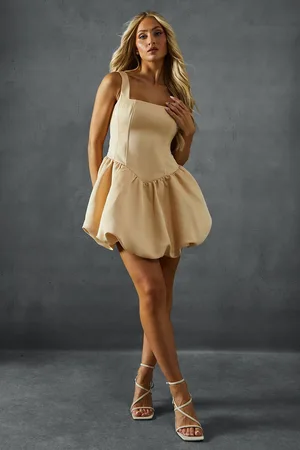 MissPap Womens Mini Dress Beige Sleeveless Short Satin - - Size 12 UK