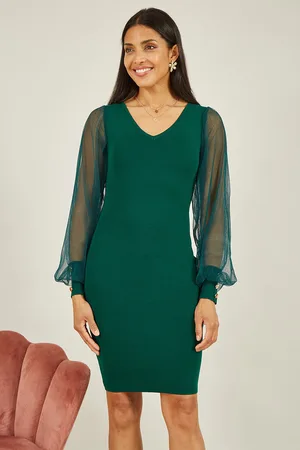 Yumi Womens Knitted Body Con Dress With Chiffon Sleeve viscose - Size Large