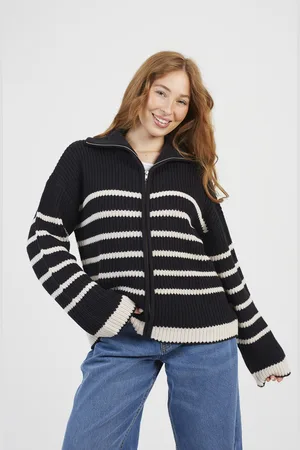 Brave Soul Womens Zip Through Stripe Fisherman Knit Jacket - Size X-Large