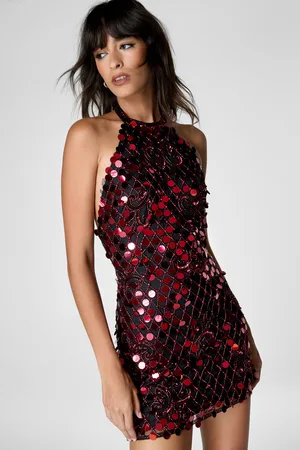 NASTY GAL Womens Disc Sequin Paisley Beaded High Neck Strappy Back Mini Dress - - Size 12 UK