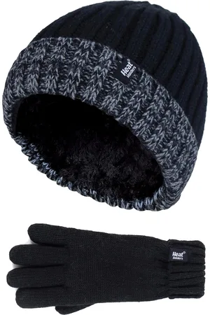 Heat Holders Children Boys Winter Warm Fleece Lined Insulated Knit Turn Over Cuff Ribbed Hat and Gloves Set - BS2P9710 - - Size 7-10Y