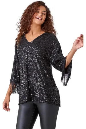 Roman Womens Sequin Tassel Detail Tunic Stretch Top - Leather - Size 10 UK