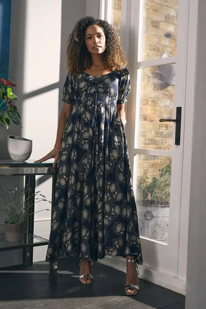 Izabel London Womens Navy Printed Shirred Waist Maxi Dress - - Size 8 UK