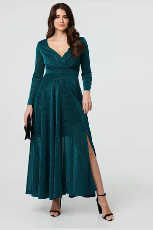 Izabel London Womens Sparkly V-Neck Long Sleeve Maxi Dress - Size 8 UK