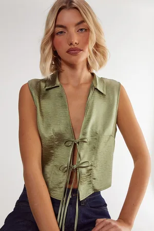 NASTY GAL Womens Textured Satin Tie Front Collared Top - - Size 16 UK