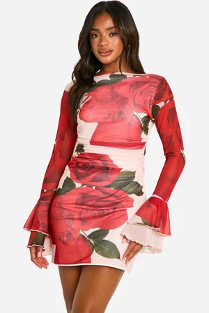Boohoo Womens Slash Neck Rose Mesh Print Flare Sleeve Mini Dress - - Size 8 UK