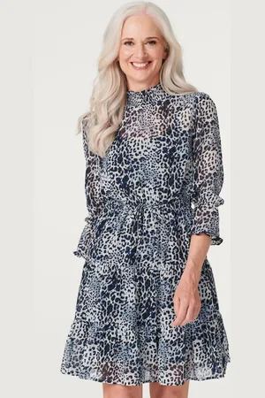 Izabel London Womens Leopard Print Shirred Neck Dress - Size 10 UK