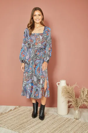 Mela Womens Blue Paisley Print Long Sleeve Midi Dress - - Size 12 UK