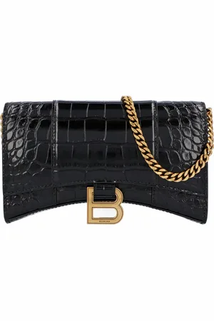 Balenciaga Womens Hourglass Wallet on Chain Crocodile Embossed in & Gold Hardware Calfskin - One Size