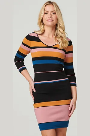 Izabel London Womens Striped 3/4 Sleeve Knit Dress - Size 14 UK