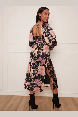 Chi Chi London Womens Petite Long Sleeve Cut Out Detail Floral Midi Dress in - Size 8 UK