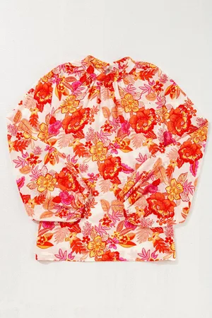Azura Exchange Womens Floral Print Pearl Button Keyhole Long Puff Sleeve Blouse Viscose - Size Medium