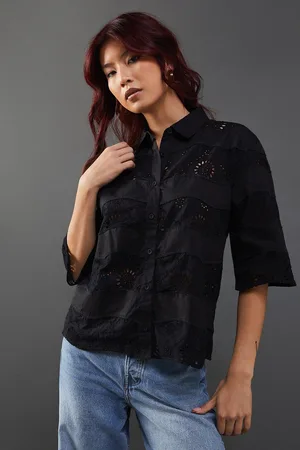 warehouse Womens Lace Mix Scallop Hem Crop Shirt - Cotton - Size 6 UK