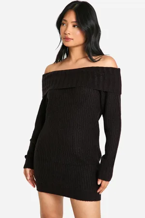 Boohoo Womens Petite Wide Rib Bardot Neckline Mini Jumper Dress - - Size Small