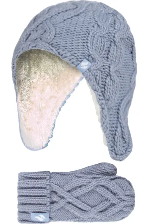Heat Holders Girls Majestic Soft Cosy Cable Knitted Design Bobble Trapper Hat and Mittens Gloves Set - Dusty - Size 4-6Y