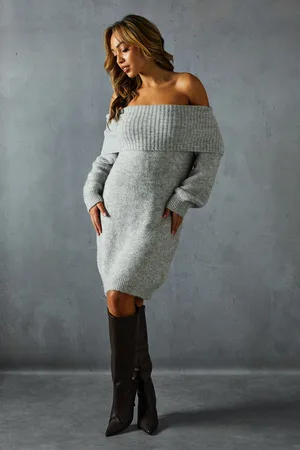 MissPap Womens Premium Knit Bardot Foldover Jumper Dress - Polyamide - Size Large