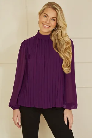 Mela Womens Plum Pleated Long Sleeve Top With High Neck - - Size 20 UK