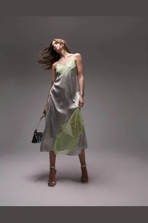 Topshop Womens lame and lace cami midi dress in and lime - Size 10 UK