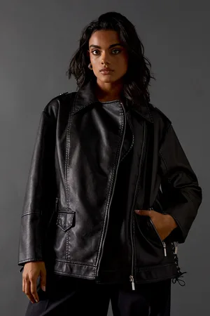 warehouse Womens Oversized Whipstitch Detail Leather Jacket - - Size 10 UK
