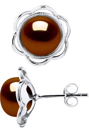 Diadema Womens Stud Earrings FLOWER Beads Freshwater 8-9mm Chocolate Buttons 925 - Silver - One Size