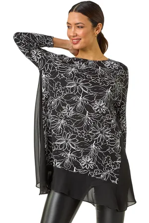 Roman Womens Floral Print Mesh Hem Tunic Top - - Size 12 UK