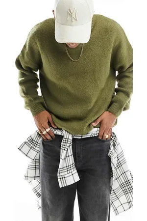 ASOS Mens oversized knitted brushed crew neck jumper in -Green - Size 2XL
