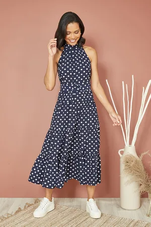 Yumi Womens Spot Print Halter Midi Dress With Matching Belt - Size 14 UK
