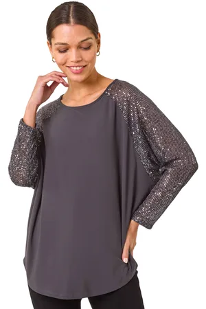 Roman Womens Sequin Sleeve Tunic Stretch Top - - Size 10 UK