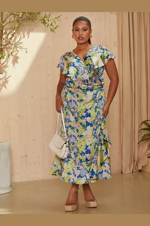 Chi Chi London Womens Plus Size V Neck Floral Wrap Midi Dress in Multi - - Size 24 UK