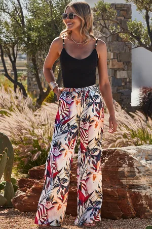 Sosandar Womens Ivory Tropical Print Premium Satin Wide Leg Trousers - - Size 6 Regular