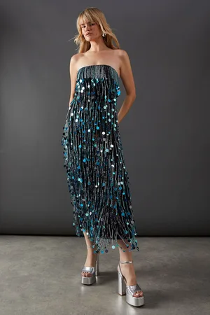 warehouse Womens Premium Fringe Bead Embellished Bandeau Midi Dress - - Size 8 UK