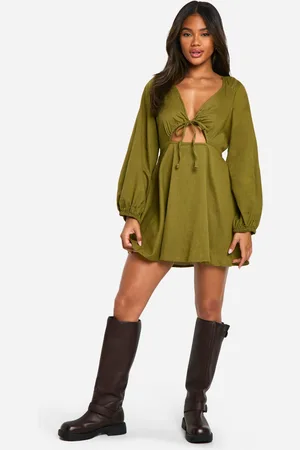 Boohoo Womens Linen Look Tie Front Puff Sleeve Mini Dress - Cotton - Size 8 UK