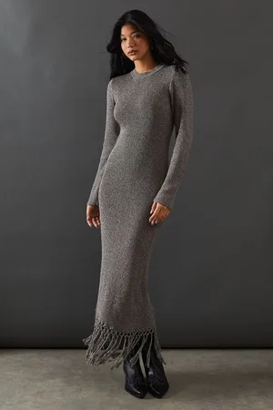 warehouse Womens Fringed Hem Knitted Maxi Dress - - Size Small