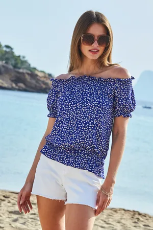 Sosandar Womens & White Ditsy Floral Shirred Waist Bardot Jersey Top Denim - Size 12 UK