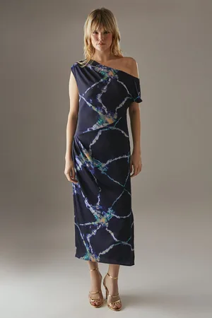 warehouse Womens Crinkle Satin Fallen Shoulder Knot Side Midi Dress - - Size 10 UK