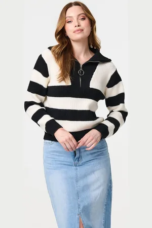 Izabel London Womens Striped Knit 1/4 Zip High Neck Pullover - Size 16 UK