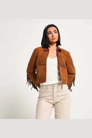 Barneys Originals Womens Real Suede Cropped Fringe Harrington Leather - Size 10 UK