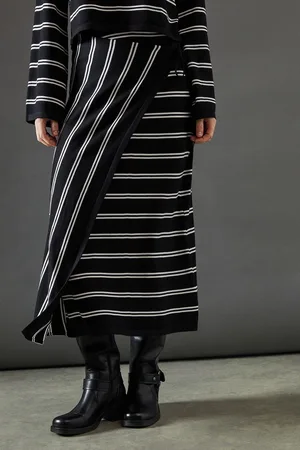 warehouse Womens Stripe Knitted Wrap Skirt Co Ord - - Size Small