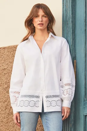 Sosandar Womens Broderie Detail Balloon Sleeve Cotton Shirt - Size 6 UK