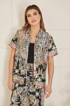 Yumi Womens Satin Paisley Print Short Sleeve Shirt - Size 8 UK