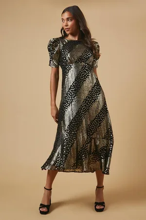 Oasis Womens Petite Occasion Metallic Puff Sleeve Midaxi Dress - - Size 10 UK