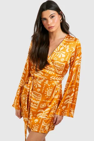 Boohoo Womens Satin Printed Wrap Tie Shirt Dress - - Size 12 UK
