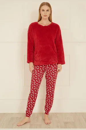 Yumi Womens Pyjamas With Fleece Top And Dachshund Print Trousers - Size Medium