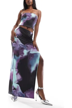 Missyempire Womens slinky maxi side split skirt co-ord in marble print-Multi - Size 8 UK
