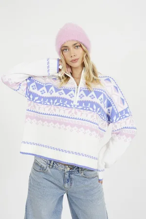 Brave Soul Womens Fairisle Half Zip Christmas Jumper - Size X-Large