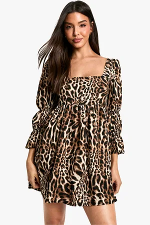 Boohoo Womens Leopard Gathered Puff Sleeve Smock Dress - viscose - Size 16 UK